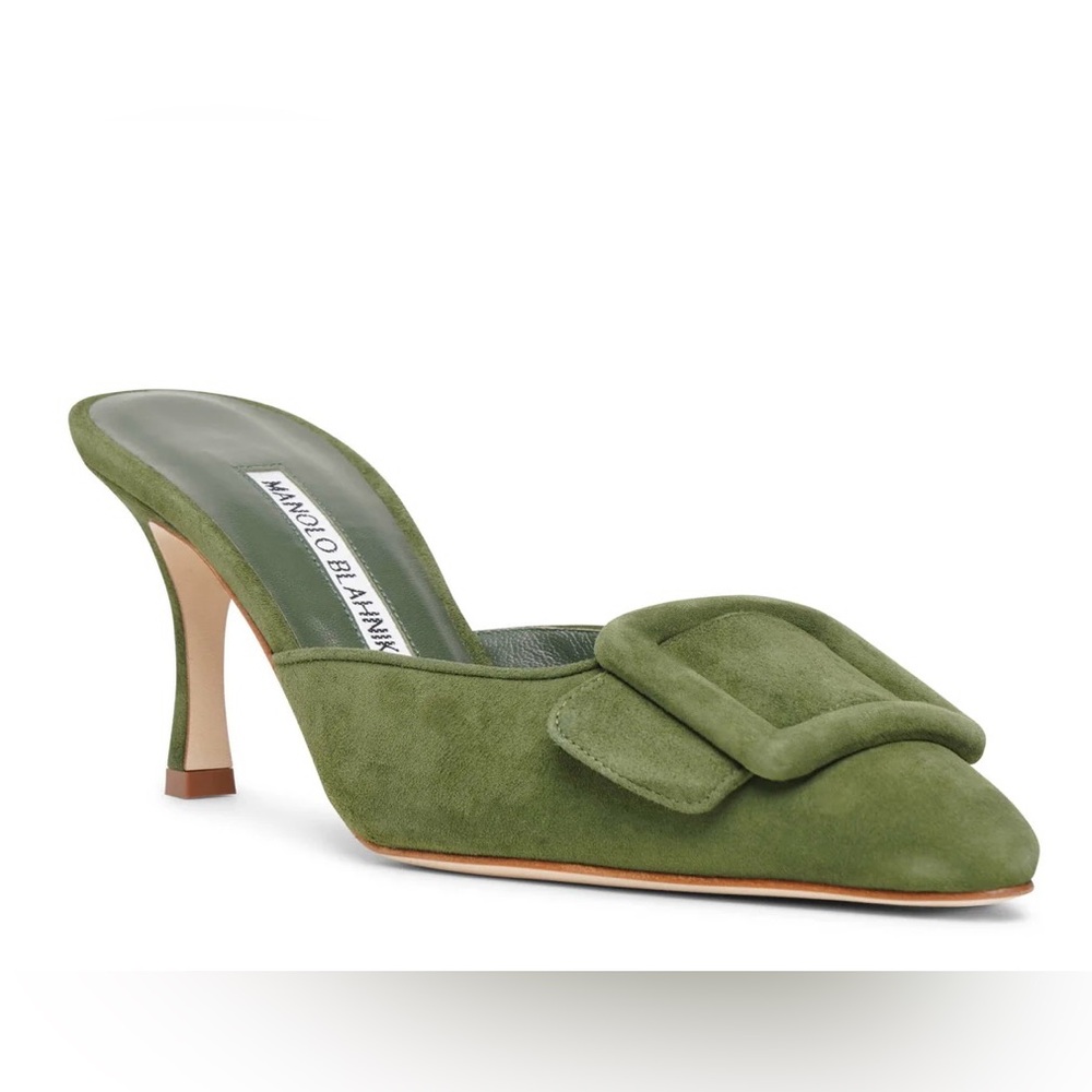 Manolo Blahnik Maysale 70 dark green suede mules